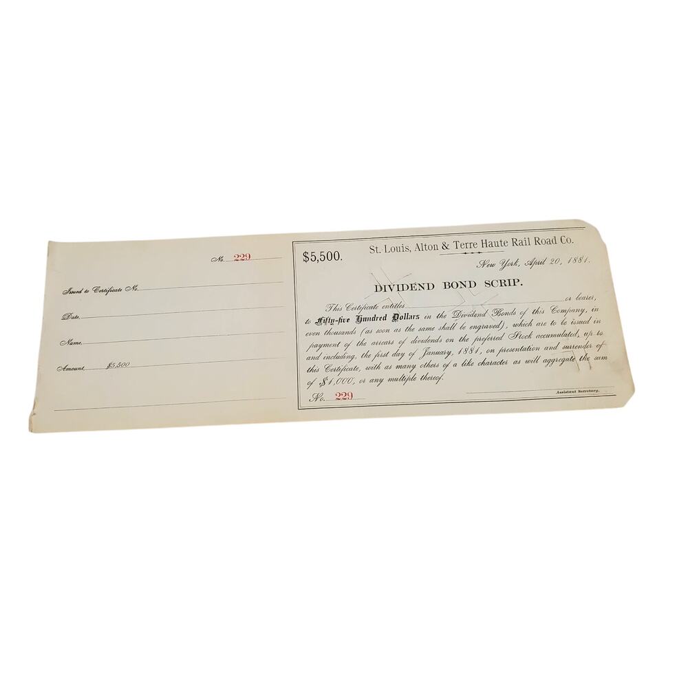 St. Louis, Alton and Terre Haute Rail Road Co NY $5,500 Bond Railroad Bonds 229